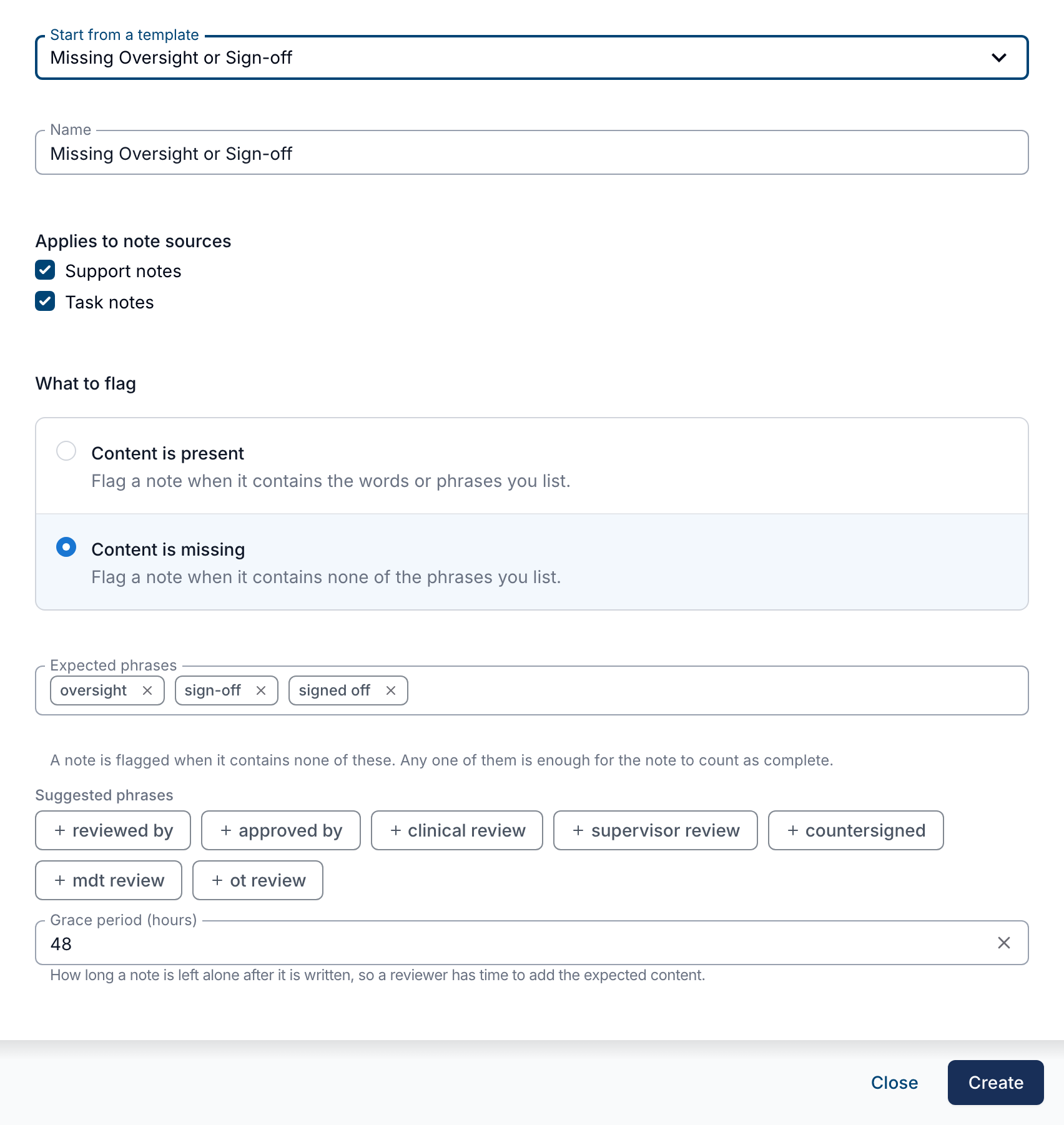 A note checker set to flag content that is missing, showing the expected phrases list and a grace period.