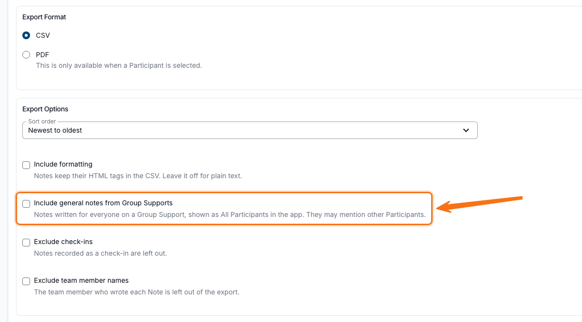 The Notes export page with CSV selected under Export Format and, under Export Options, the Include general notes from Group Supports checkbox highlighted among Include formatting, Exclude check-ins and Exclude team member names.