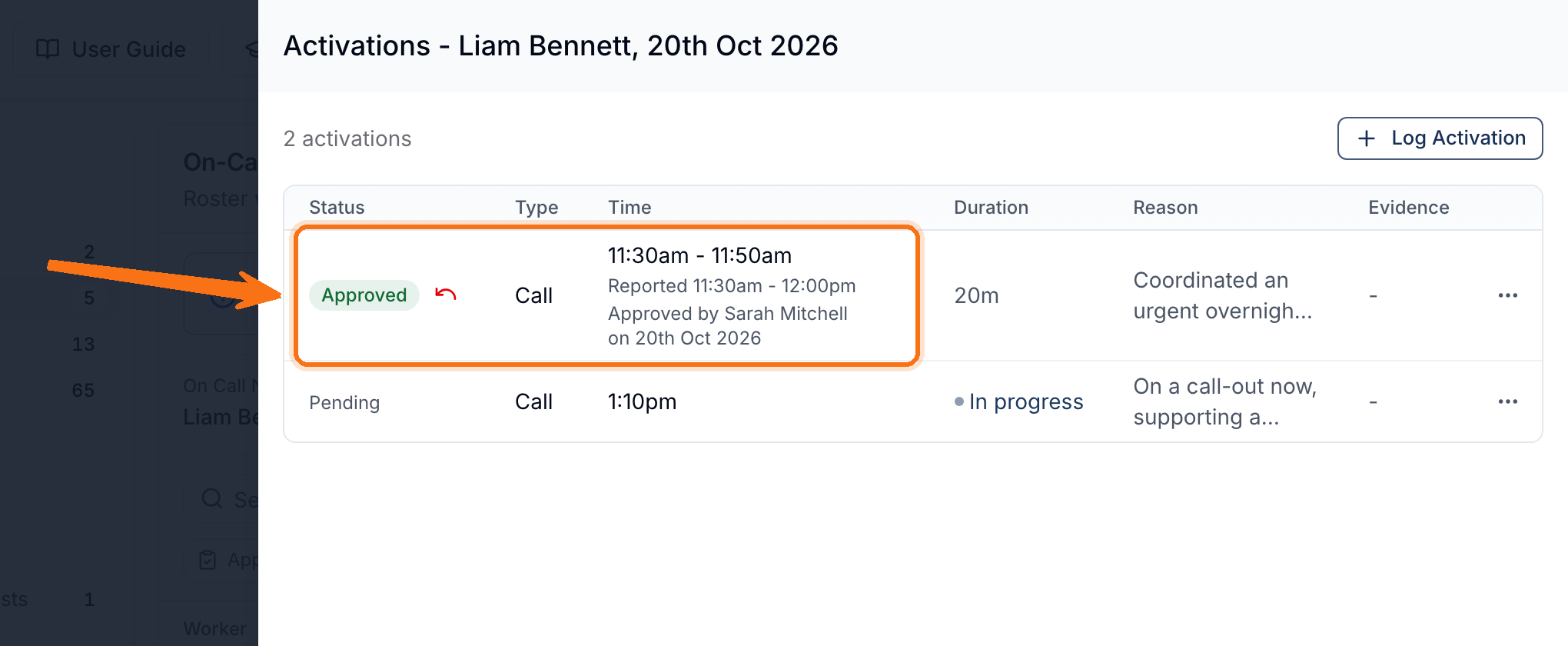 The Activations drawer for Liam Bennett with an approved call highlighted, showing the approved time 11:30am to 11:50am, the reported time beneath it and Approved by Sarah Mitchell, above a pending call in progress.