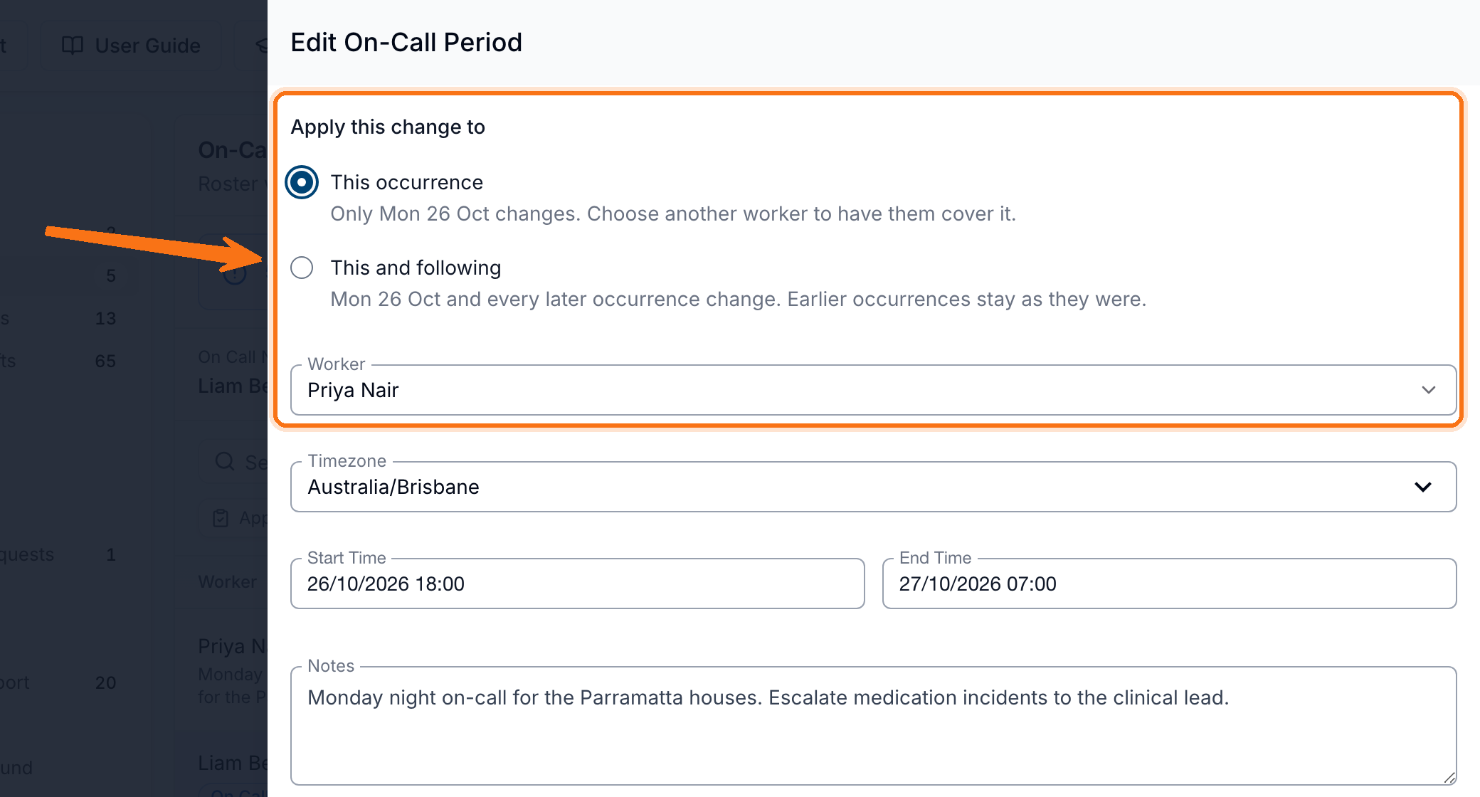 The Edit On-Call Period drawer with Apply this change to set to This occurrence, the This and following option, and the Worker field highlighted.