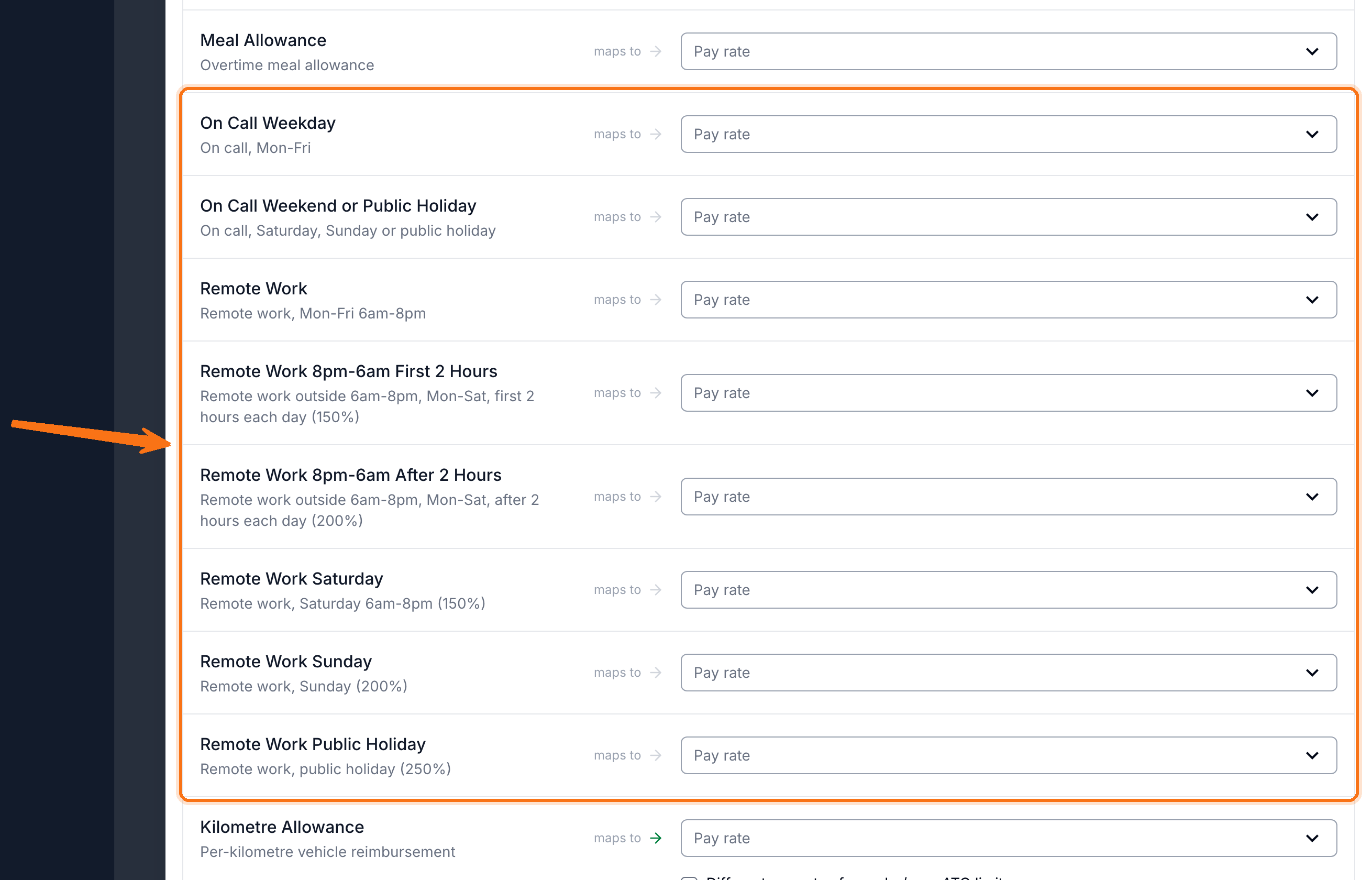 The Xero Pay Item Mapping drawer for a SCHADS pay group with the on-call rows highlighted: On Call Weekday, On Call Weekend or Public Holiday and the six Remote Work rows, each with a Pay rate selector.