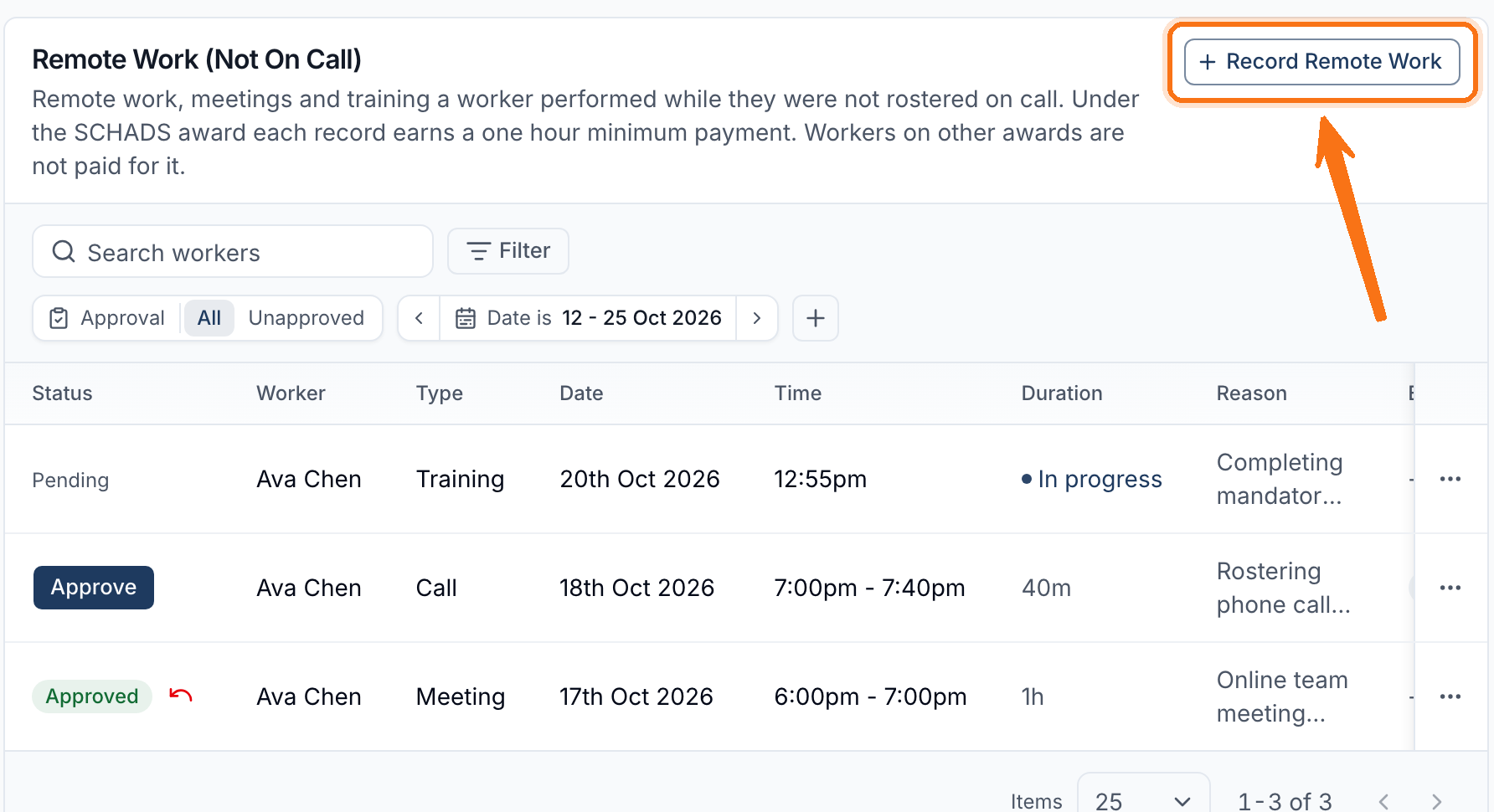 The Remote Work (Not On Call) table with the Record Remote Work button highlighted, listing a pending training session in progress, a call awaiting approval and an approved meeting.
