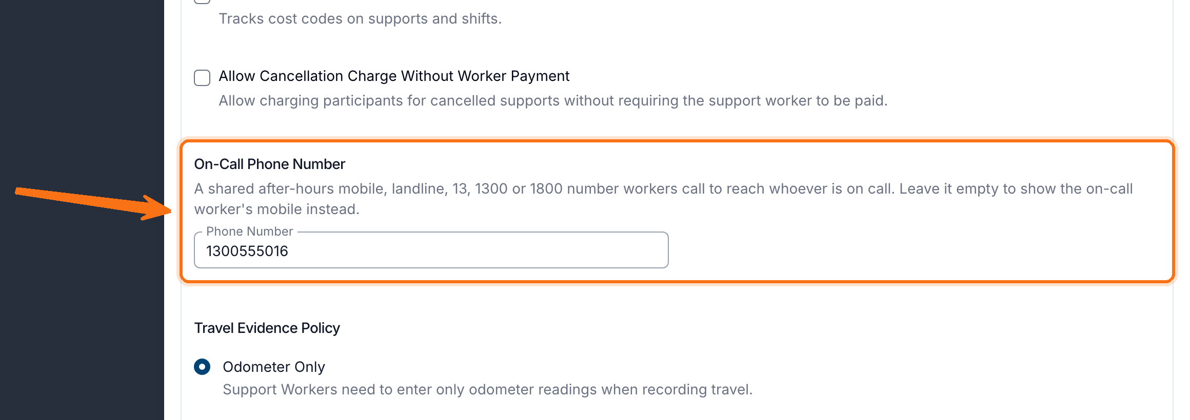 The Scheduling Settings drawer with the On-Call Phone Number section highlighted and 1300 555 016 entered as the phone number.