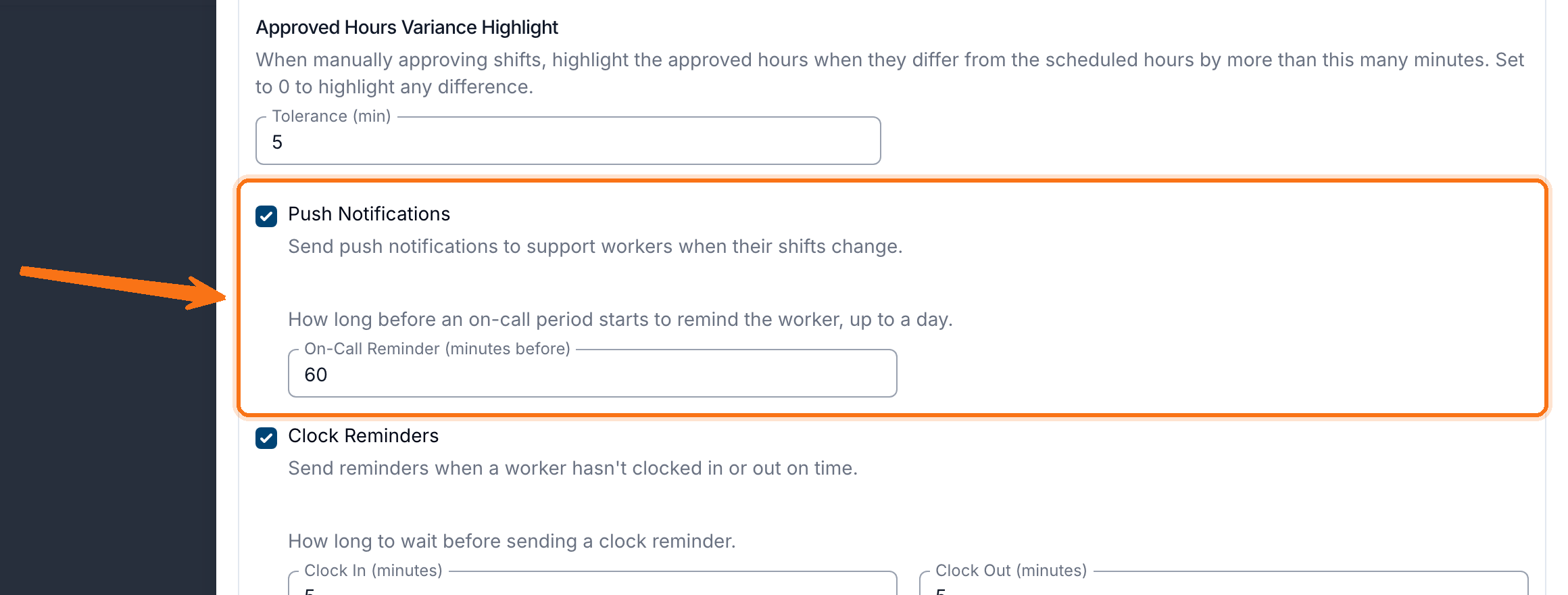 The Approvals and Notifications section with Push Notifications ticked and the On-Call Reminder (minutes before) field set to 60 highlighted.