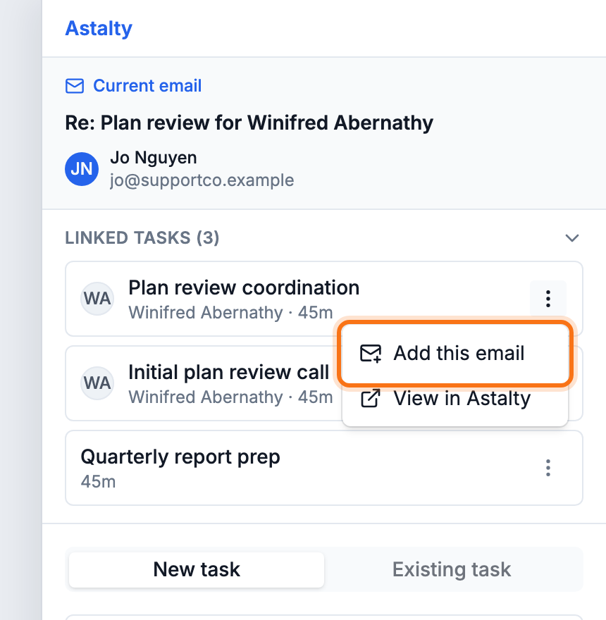 Linked task in the Astalty for Outlook panel with its more actions menu open and Add this email highlighted.