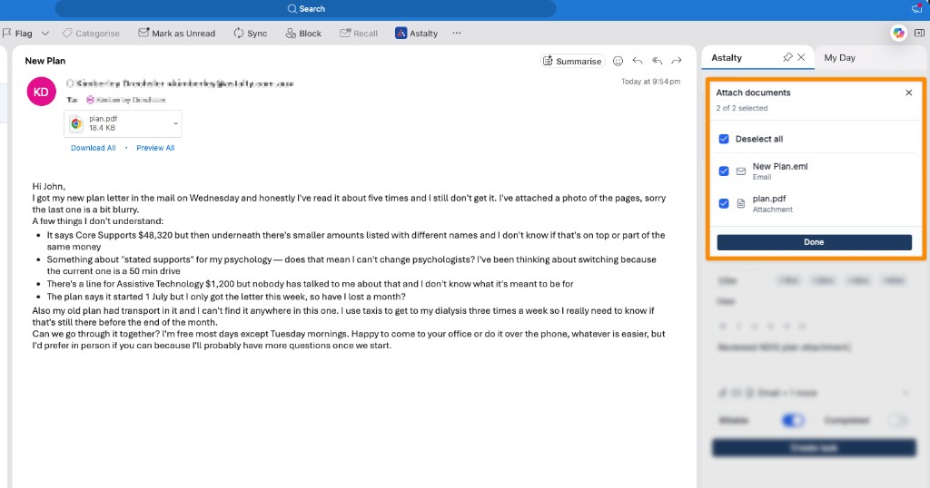 Attach documents dialog listing the email and its PDF attachment with both selected and a Done button.