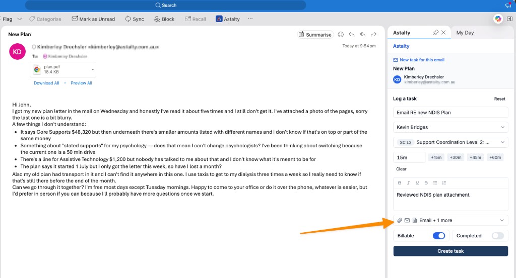 Log a task form with the attachments control showing Email + 1 more selected.