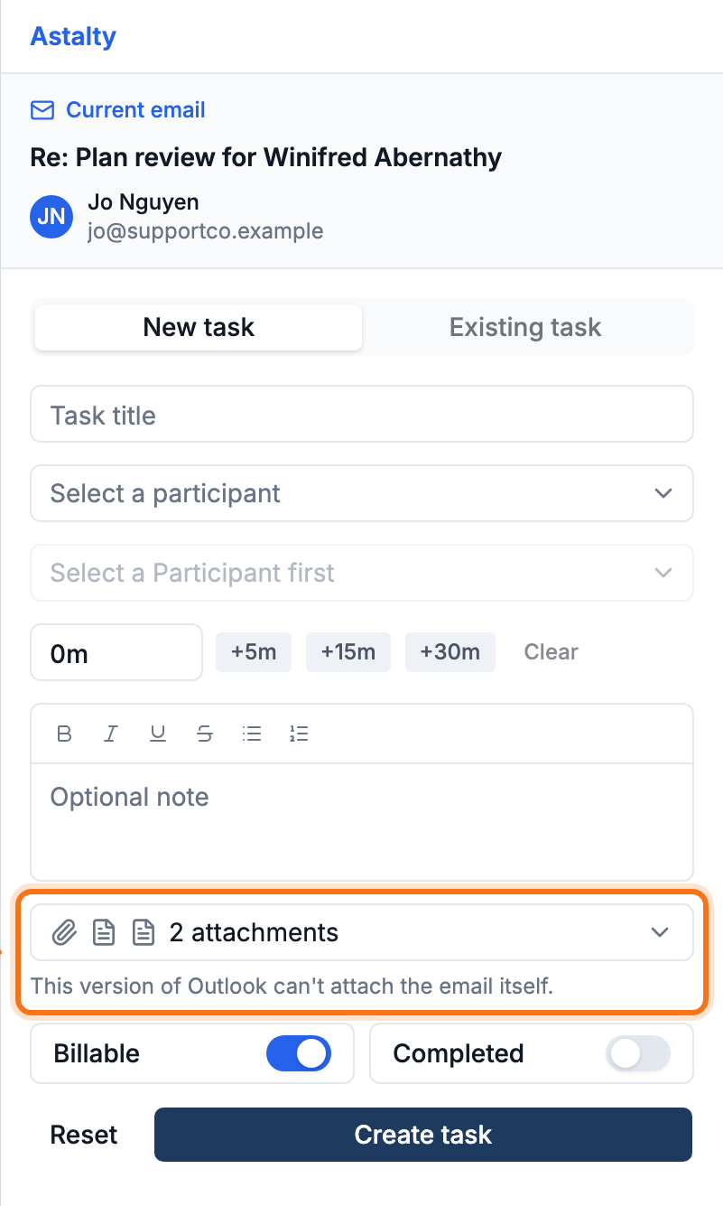 Log a task form on an Outlook version that can't attach the email, showing the attachments control with the message This version of Outlook can't attach the email itself.