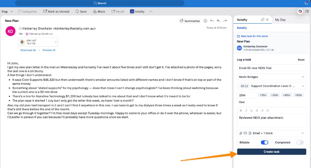 Filled Log a task form in the Astalty for Outlook panel with the Create task button highlighted.