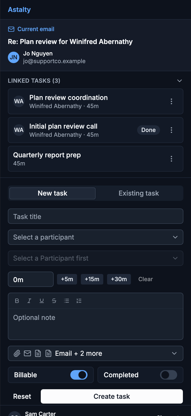 Astalty for Outlook panel in dark theme, showing the Linked tasks section and Log a task form matching Outlook's dark mode.