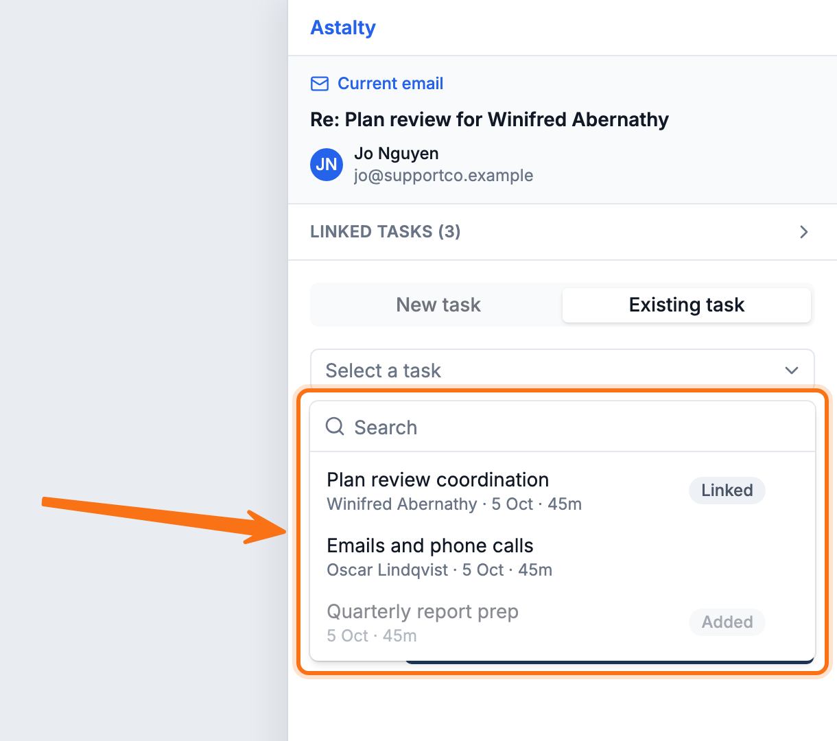 Existing task tab with the task picker open, listing a Linked task and a task already marked Added.