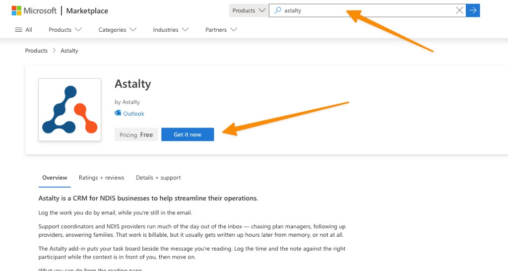 Microsoft Marketplace Astalty add-in page with the search for Astalty and the Get it now button highlighted.