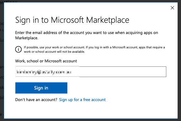 Sign in to Microsoft Marketplace dialog asking for a work, school or Microsoft account email.