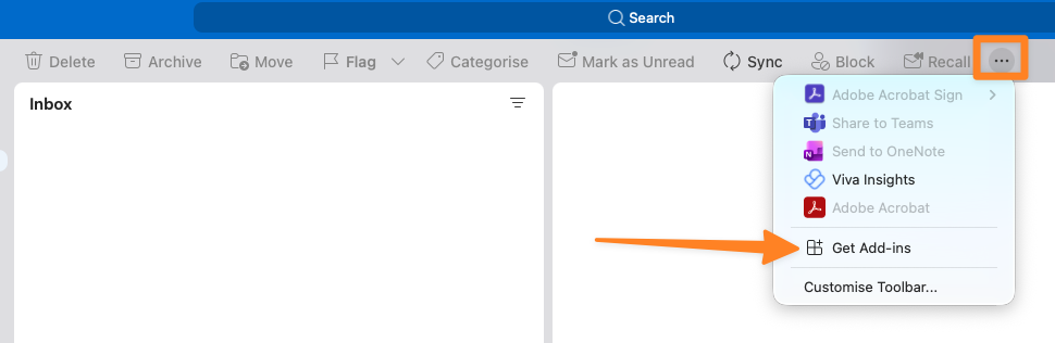 Outlook toolbar with the More actions menu open and Get Add-ins highlighted.