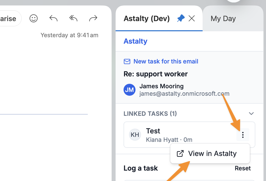 Linked task in the Astalty for Outlook panel with its more actions menu open and View in Astalty highlighted.
