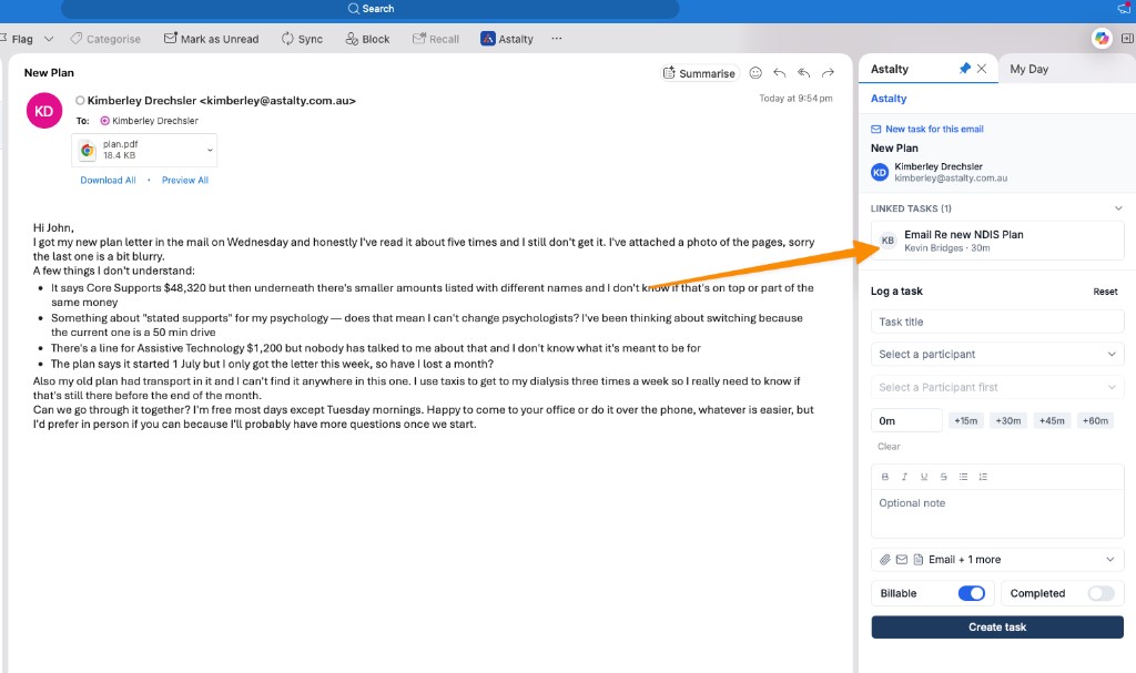 Astalty for Outlook panel showing a Linked tasks section above the Log a task form for an email that already has a task.