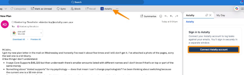 Outlook message with the Astalty add-in panel open, showing the Sign in to Astalty prompt and Connect Astalty account button.