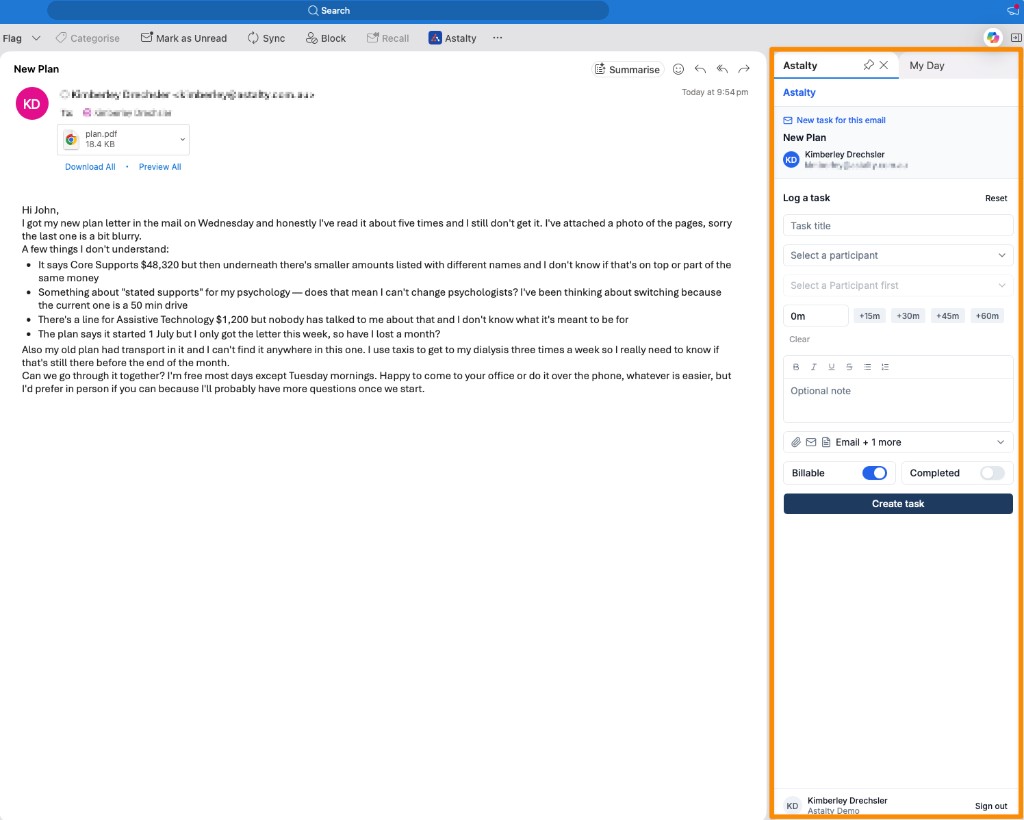 Astalty for Outlook panel showing the Log a task form with participant, time, note, Billable and Completed controls, and Create task.