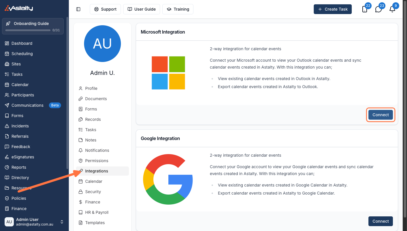 The Integrations tab of a user profile, showing the Microsoft Integration card and its Connect button