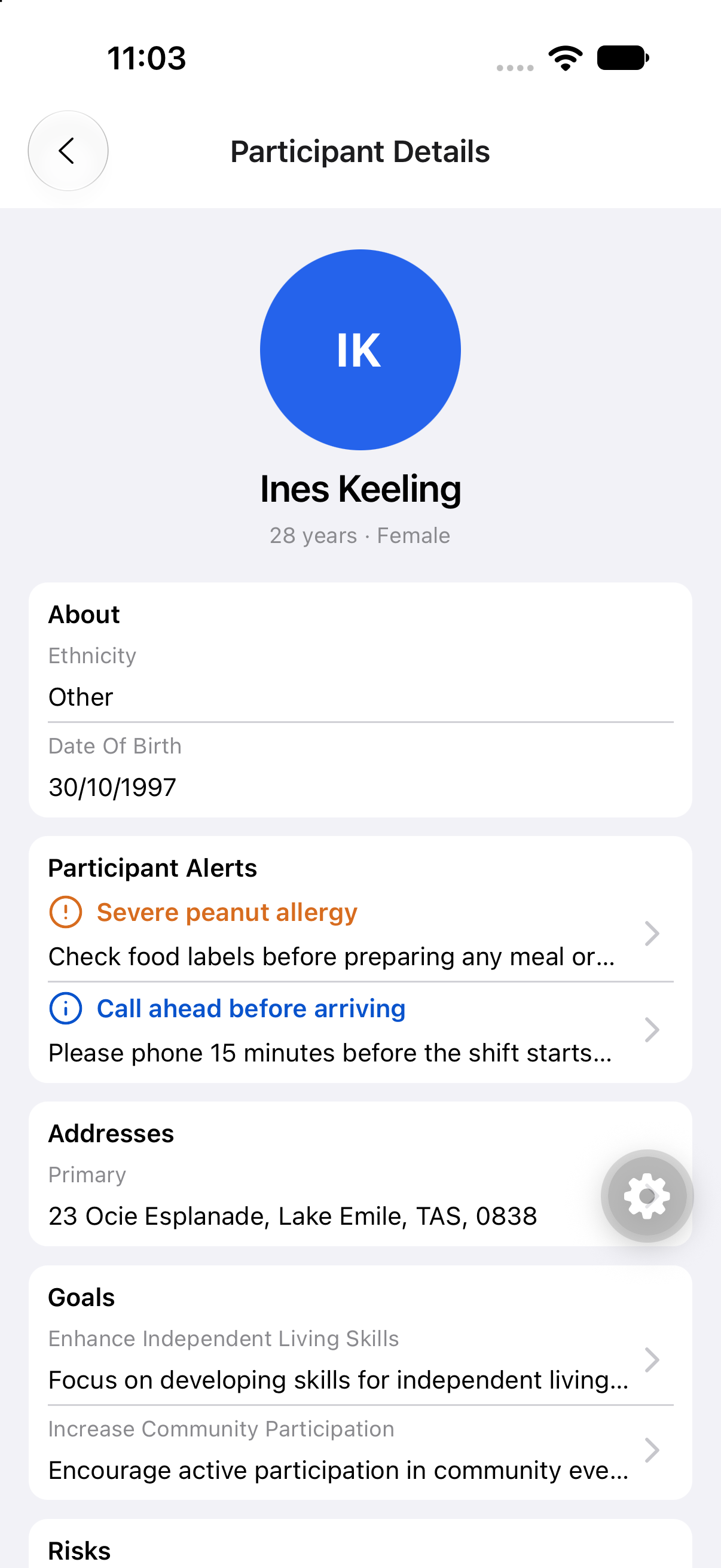 The Participant Details screen in the mobile app with an About card showing Ethnicity and Date Of Birth fields beneath the Participant's name, age and gender.
