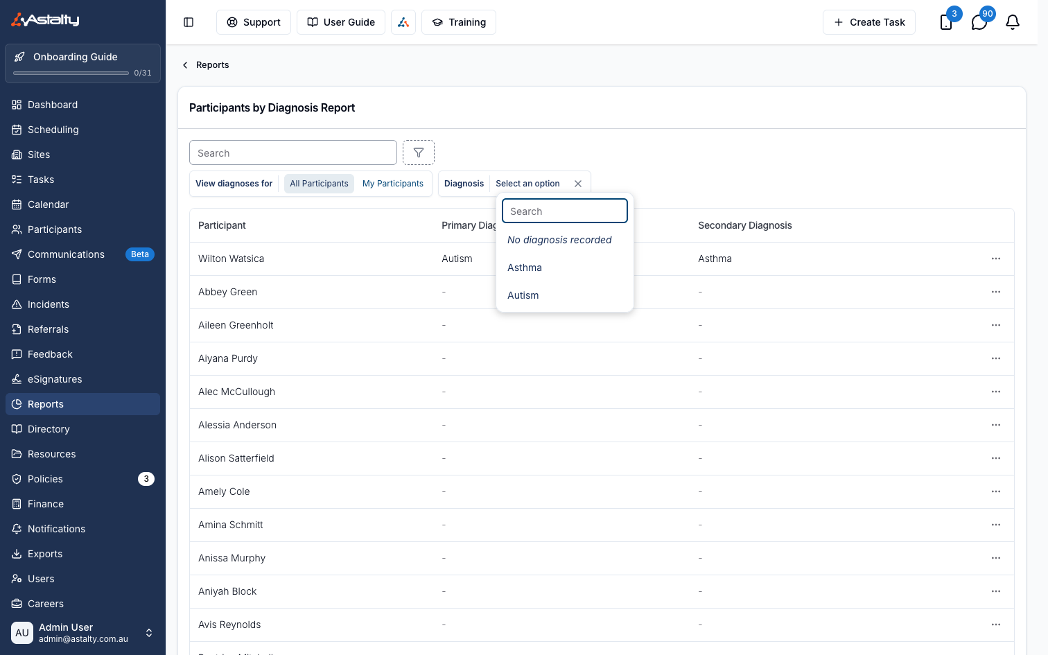 The Participants by Diagnosis Report with the Diagnosis filter dropdown open, listing No diagnosis recorded, Asthma and Autism, above a table of Participant, Primary Diagnosis and Secondary Diagnosis columns