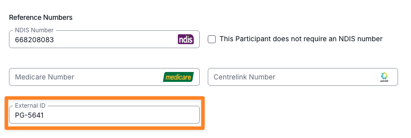 The Reference Numbers section of a Participant's details with a unique External ID entered.