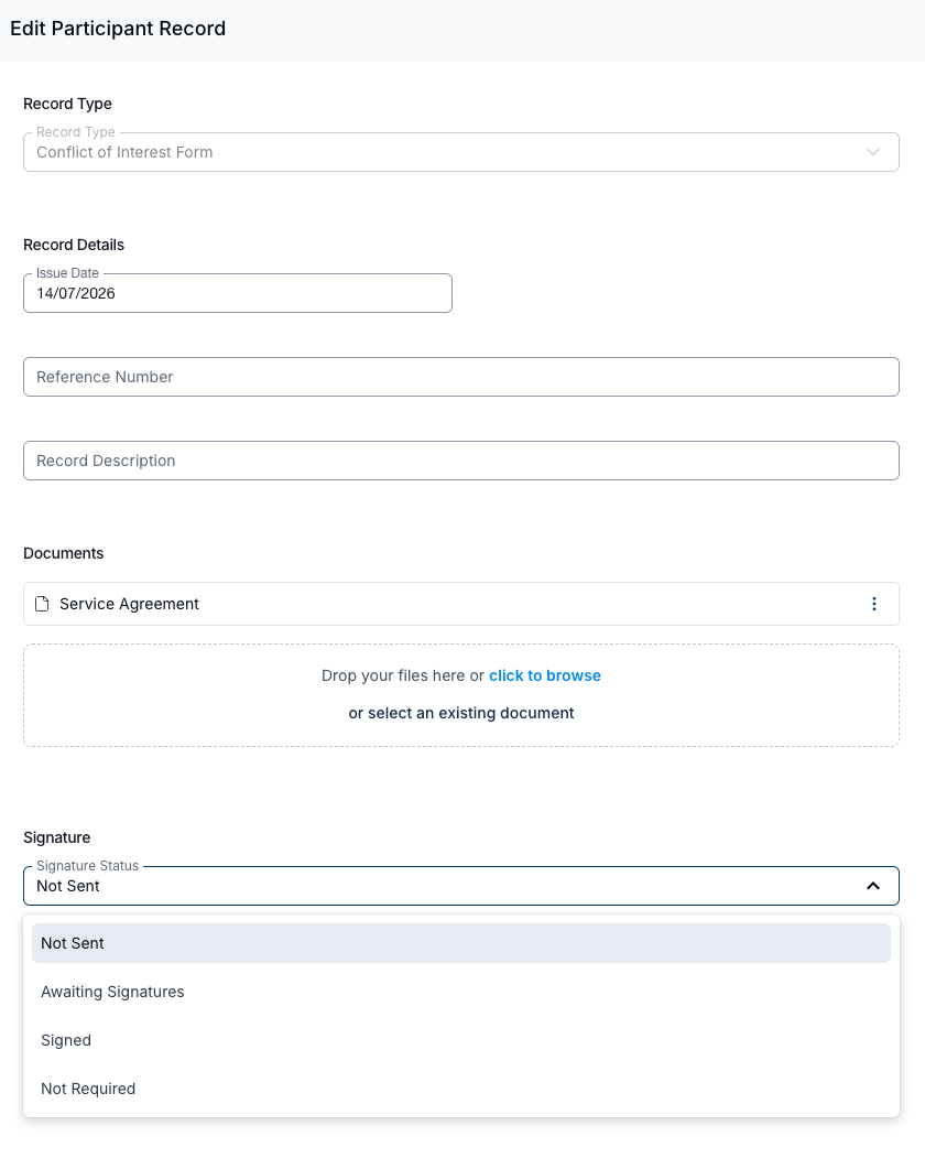 The Edit Participant Record drawer with the Signature Status dropdown open, listing Not Sent, Awaiting Signatures, Signed and Not Required.