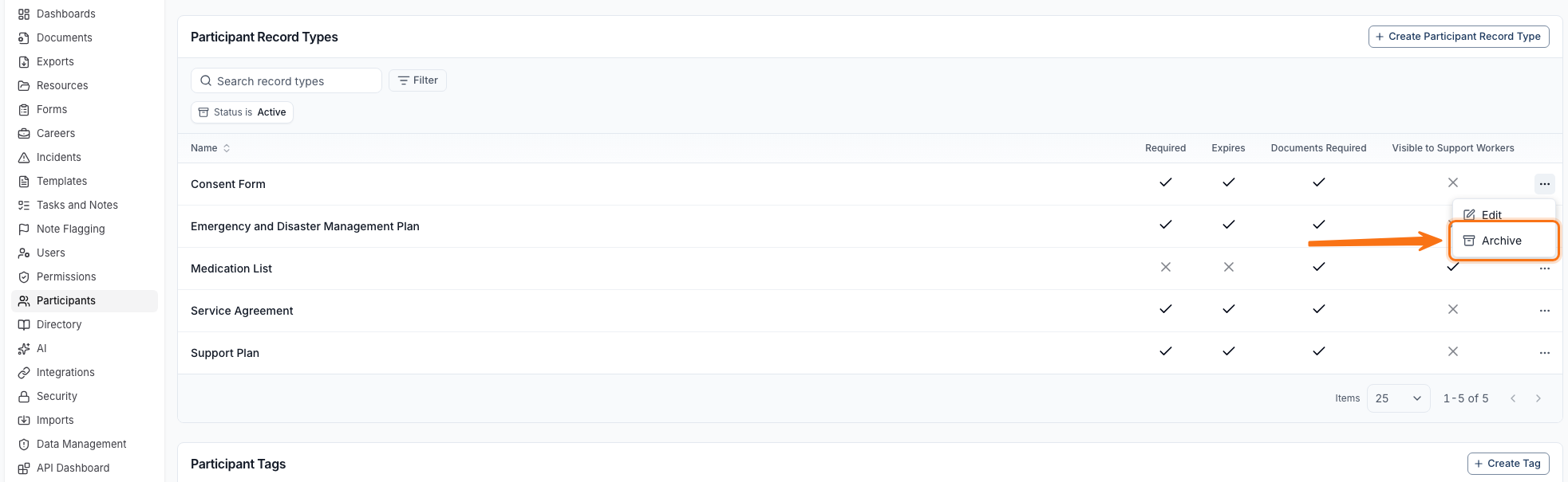 The Participant Record Types table with the Status filter set to Active. The actions menu for Consent Form is open, and an orange arrow points to its Archive option below Edit.