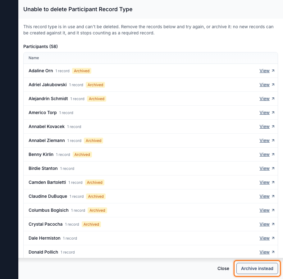 The Unable to delete Participant Record Type dialog, explaining the type is in use, above a list of 58 Participants who hold a record of that type, each with a View link. The Archive instead button is highlighted beside Close.