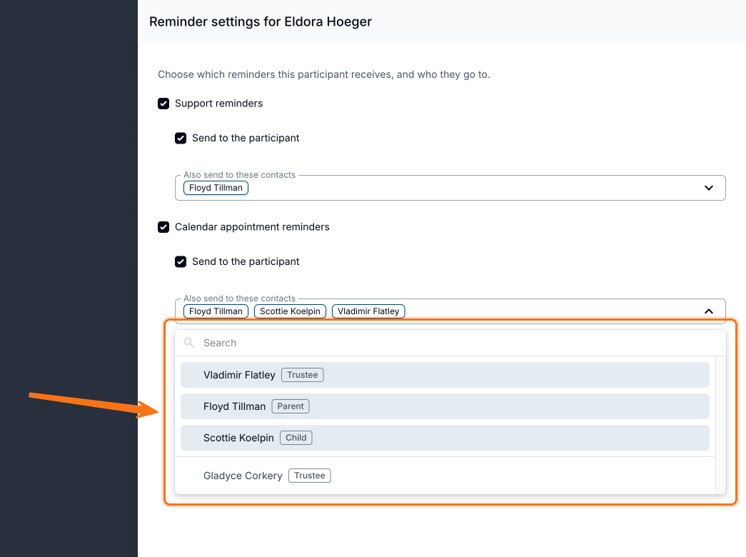 Also send to these contacts picker open, listing contacts with relationship badges such as Parent and Trustee.