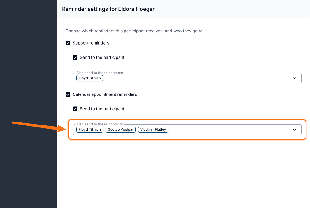 Reminder settings drawer with Support and Calendar appointment reminders enabled, Send to the participant ticked, and contacts nominated under Also send to these contacts.