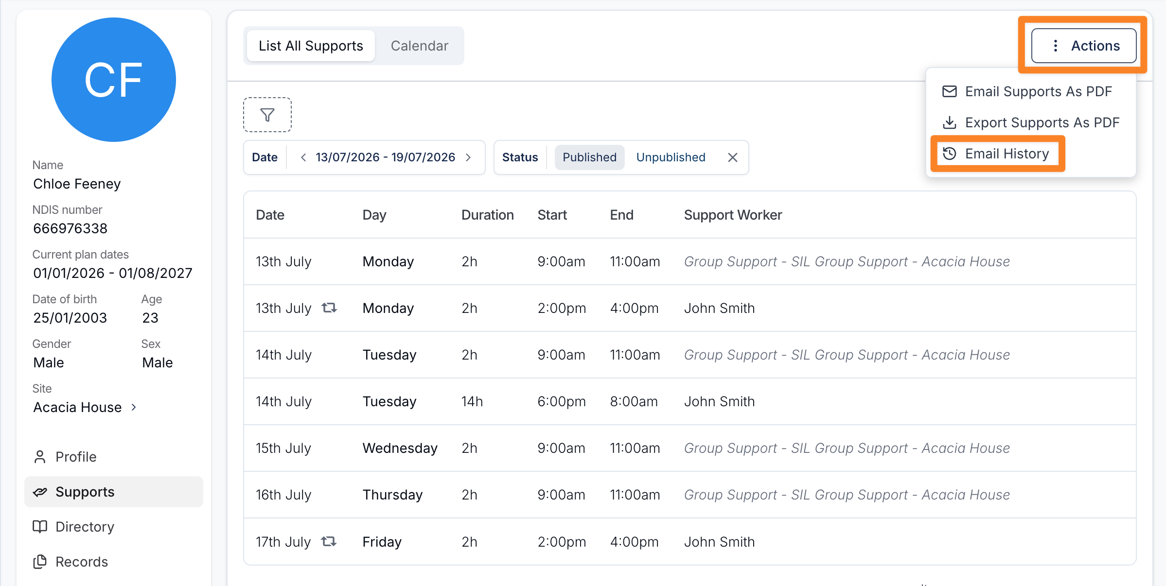 A participant's Supports page with Actions and Email History highlighted.