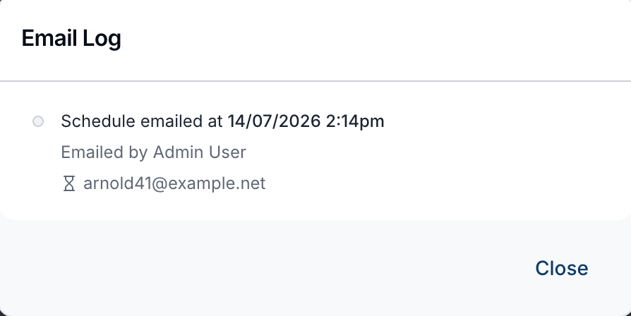 The Email Log showing when a participant's schedule was emailed, who sent it, and the recipient's email address.