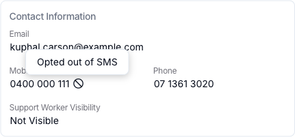 A participant's Contact Information with an opt-out icon next to the Mobile number and a tooltip reading Opted out of SMS.