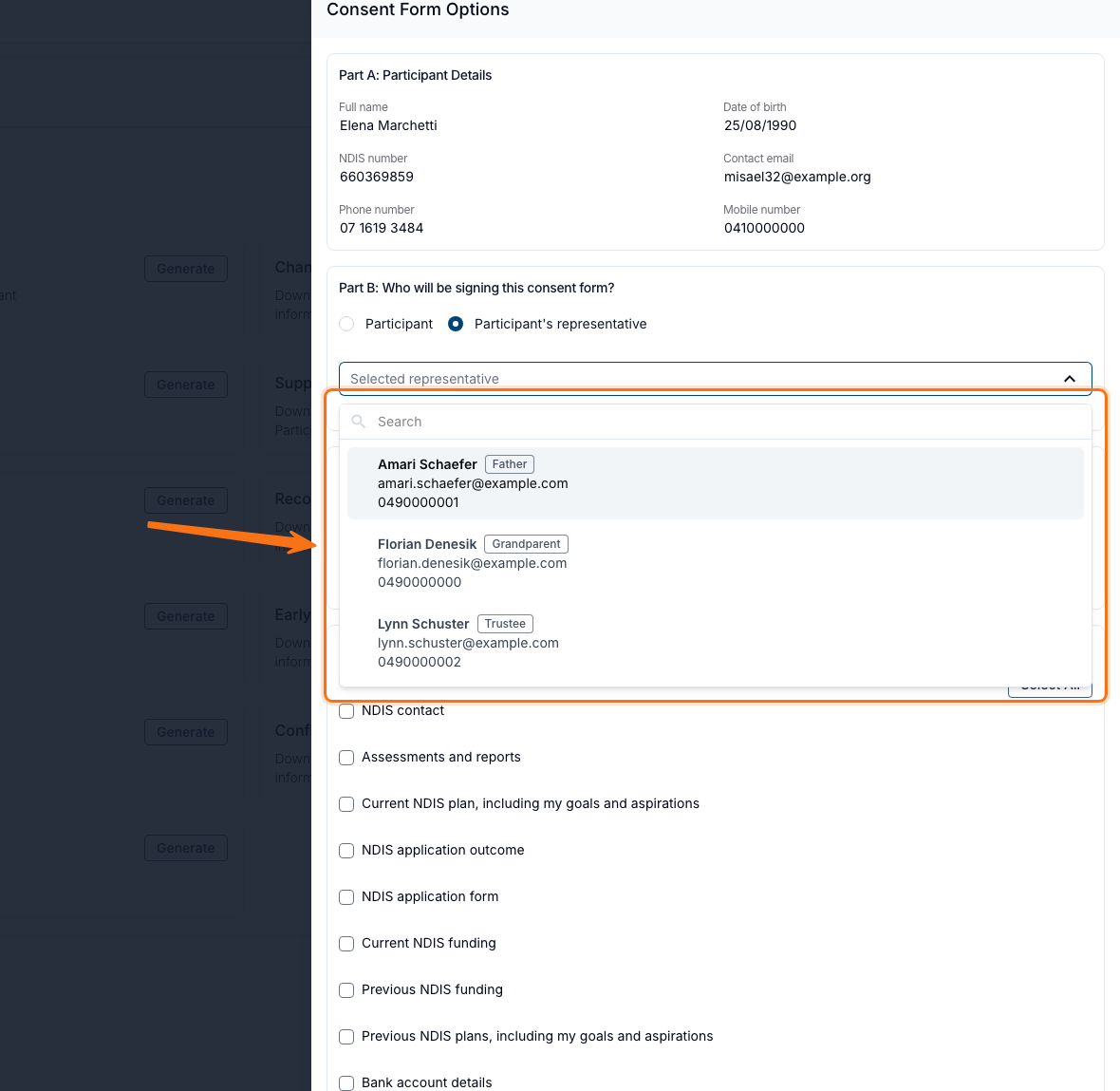 The Consent Form Options panel for participant Elena Marchetti, with Part B "Who will be signing this consent form?" set to Participant's representative. An orange arrow and outline highlight the open Selected representative dropdown, where an empty Search box sits above three Contacts, each listed with their relationship as a chip beside their name and their email and mobile underneath: Amari Schaefer (Father), Florian Denesik (Grandparent) and Lynn Schuster (Trustee).