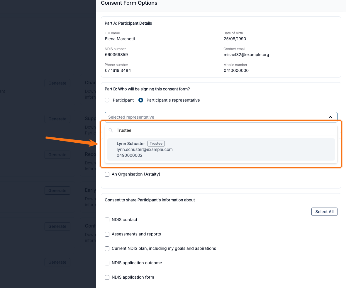 The same Consent Form Options panel for Elena Marchetti with the Selected representative dropdown open and "Trustee" typed into its Search box. An orange arrow and outline highlight the filtered list, now showing the single matching Contact — Lynn Schuster with a Trustee chip beside their name, above their email and mobile.