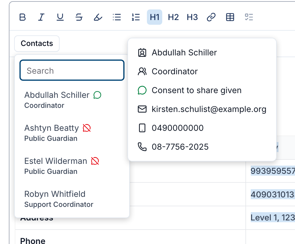 The Contacts menu on a generated document with a consent icon beside a Contact's name and an insertable Consent to share given row