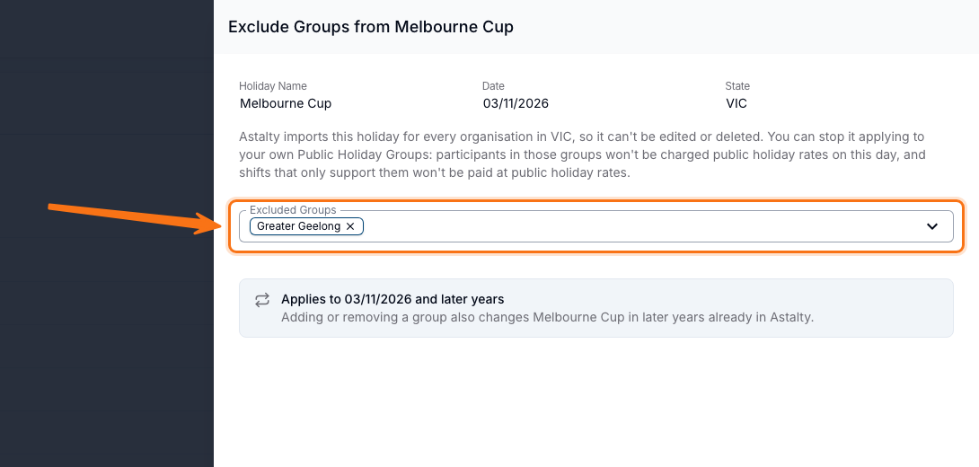 The Exclude Groups from Melbourne Cup panel with Greater Geelong added to Excluded Groups