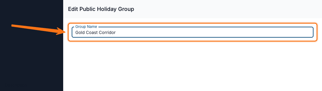 The Edit Public Holiday Group panel with the Group Name field