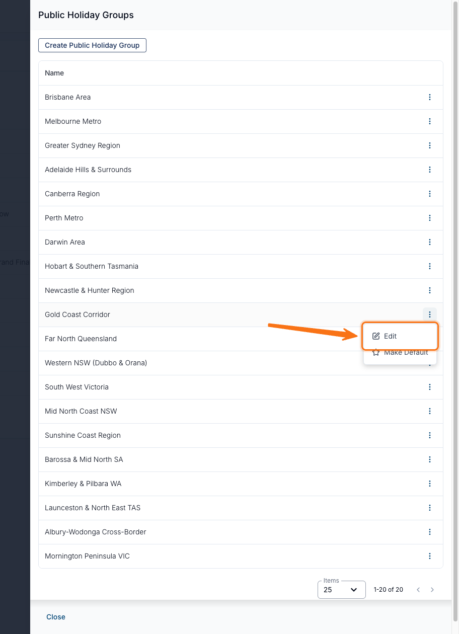 The Public Holiday Groups list with a row's menu open, showing Edit and Make Default.