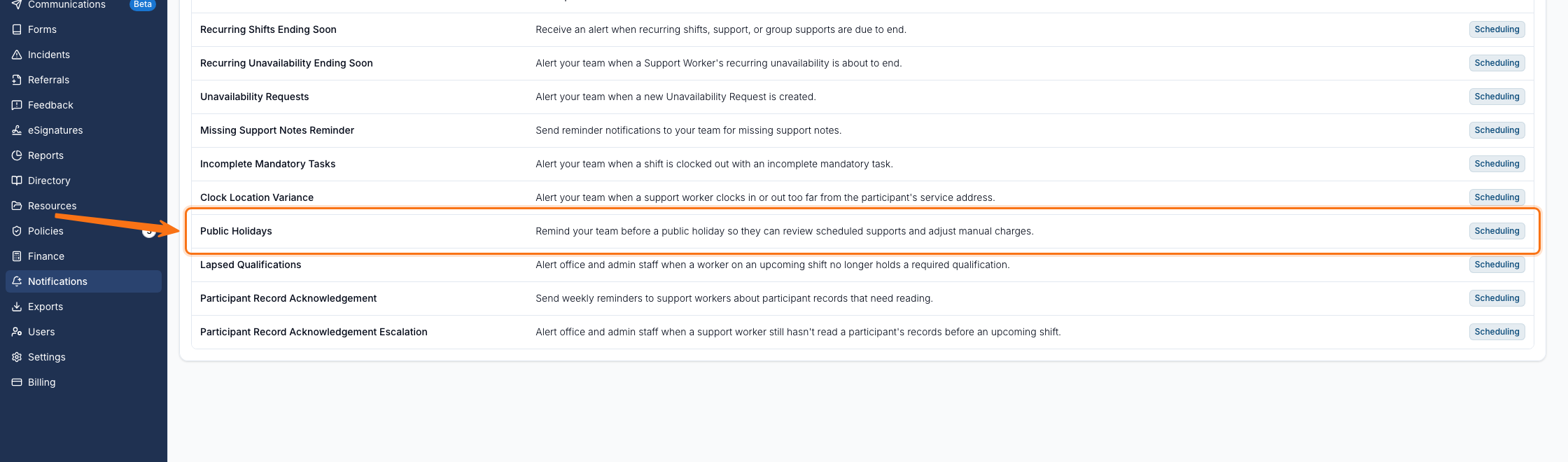 The Public Holidays row in the Scheduling section of the Notifications page