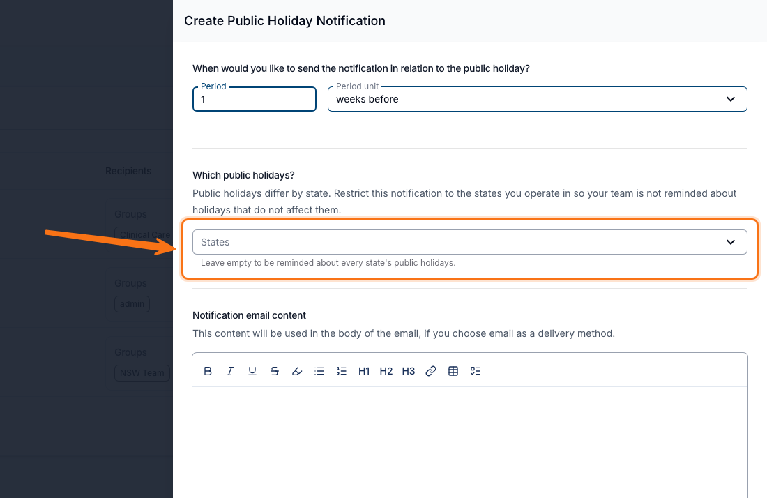 The Create Public Holiday Notification form, showing the period, states and email content fields