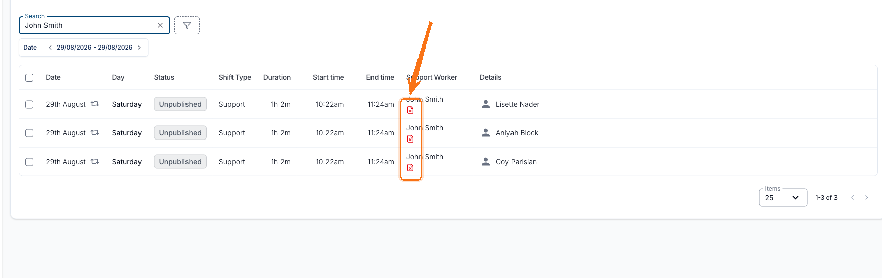 The All Shifts table filtered to John Smith, showing three unpublished support shifts. An arrow highlights the small red file-with-an-X icon that appears under the worker's name in the Support Worker column on each row.