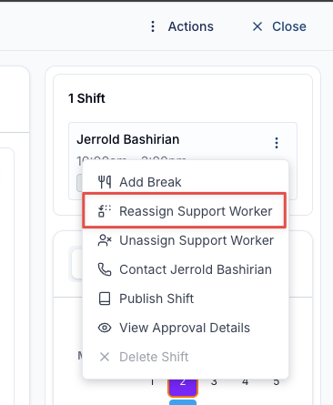 The action menu next to an assigned Support Worker on a support, with Reassign Support Worker highlighted.