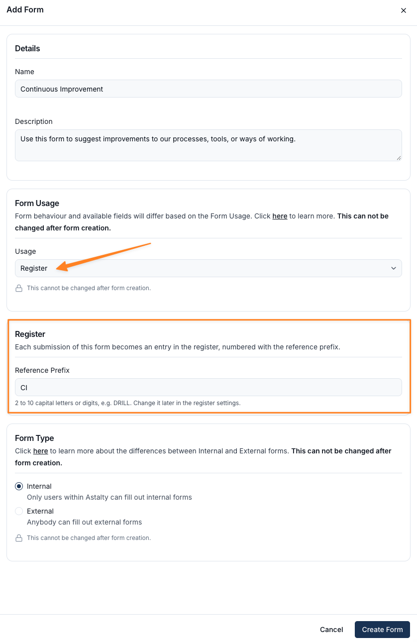 The Add Form drawer with Register selected under Form Usage and a Reference Prefix of CI