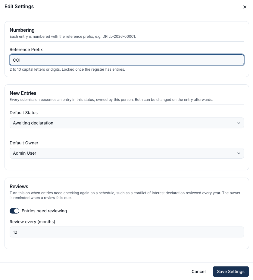 The Edit Settings drawer, with Numbering, New Entries and Reviews sections