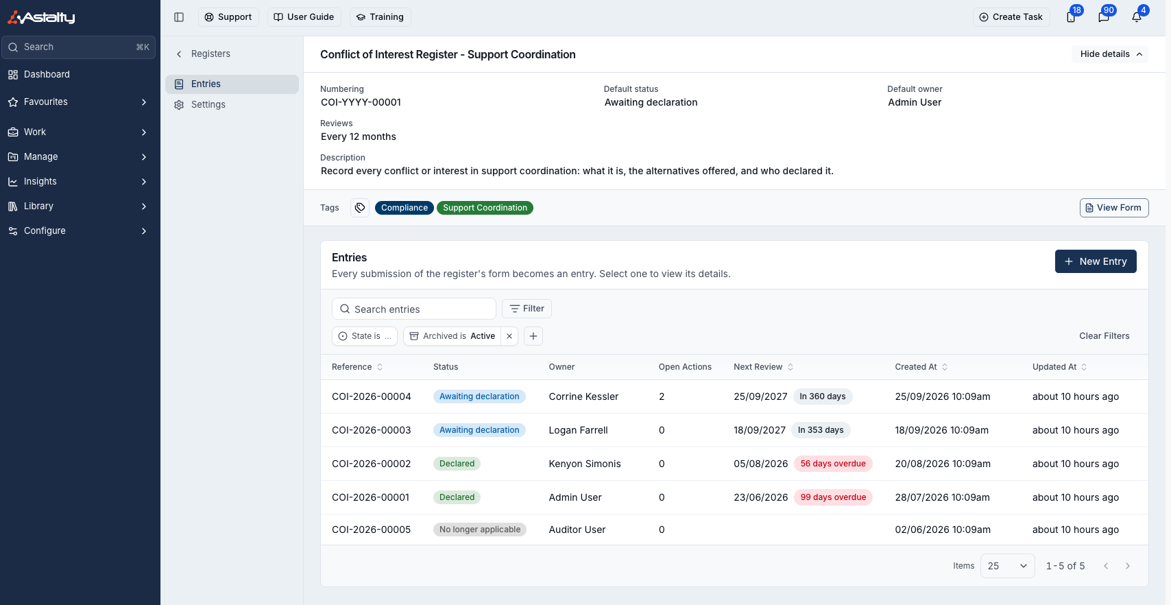 A register's Entries page, showing its details, tags and a list of entries with reference, status, owner, open actions and next review columns