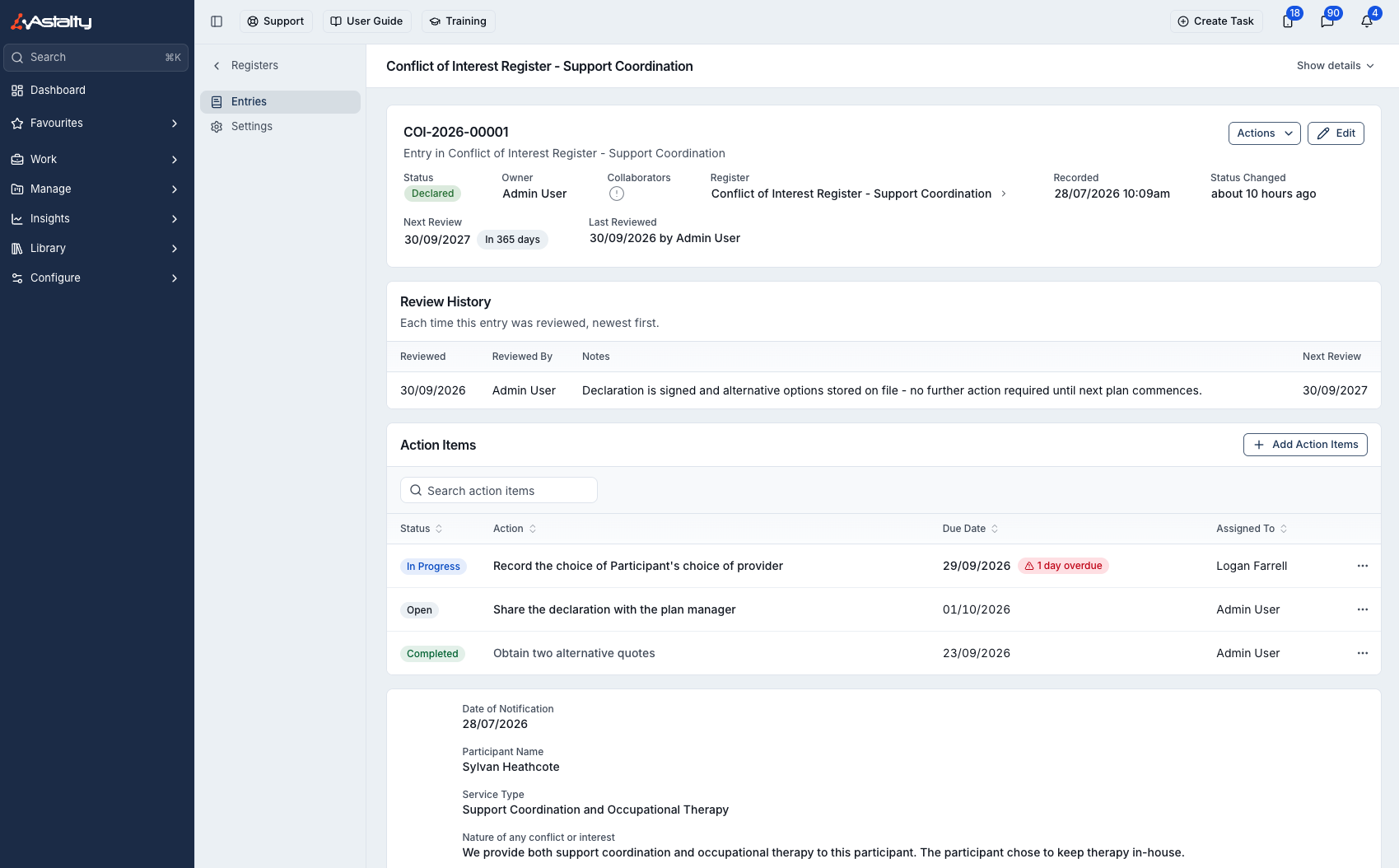 An entry showing its status, owner, collaborators, review dates, review history and action items