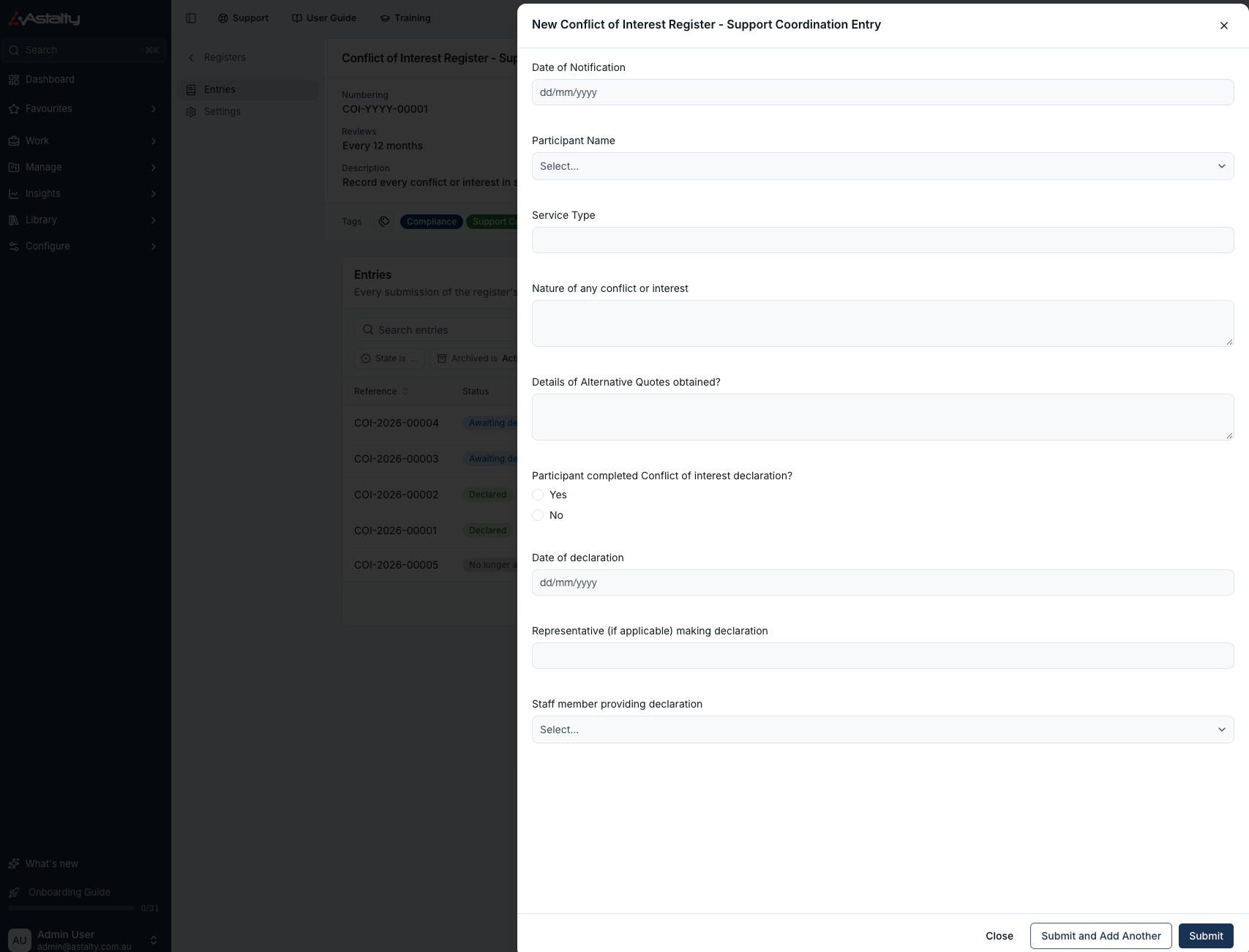 The New Entry drawer, showing the register's form with Submit and Submit and Add Another buttons
