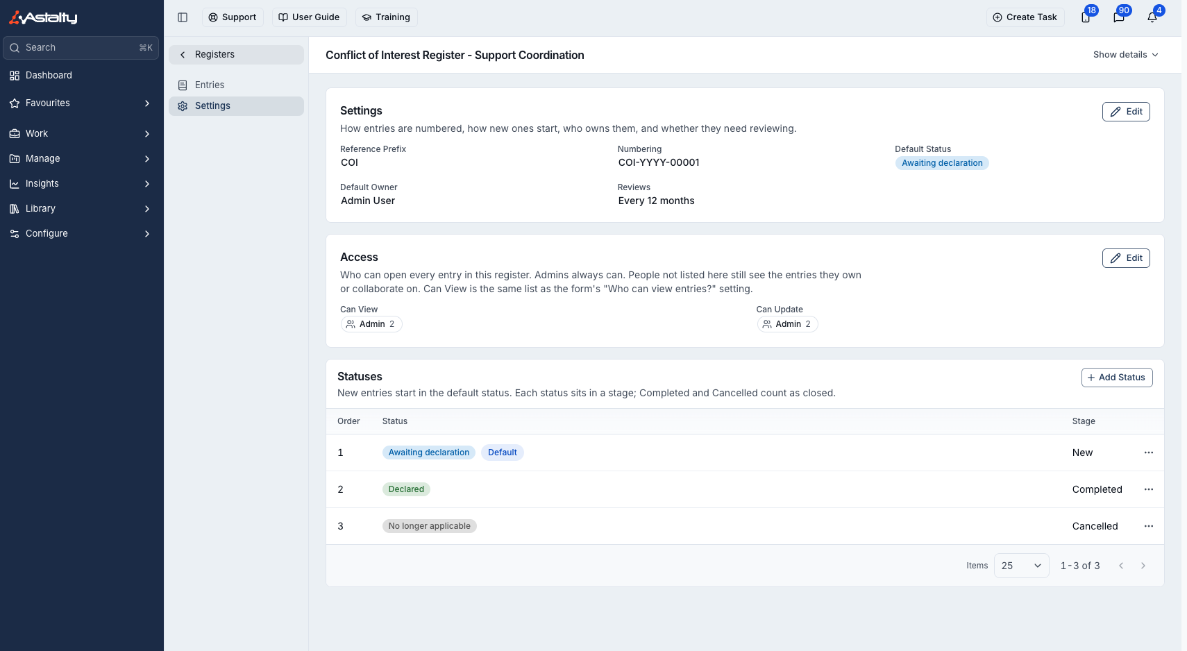Register Settings, with the Settings, Access and Statuses cards
